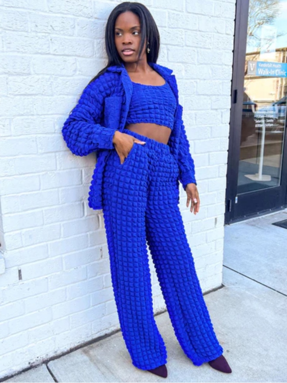 Molly Green 2 Piece Set Popcorn Crinkle Textured Blue Button Top & Pants